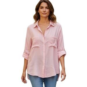 J JILL Women's XL Love Linen Tunic Blouse Pink Button Up Pockets Lagenlook 52"